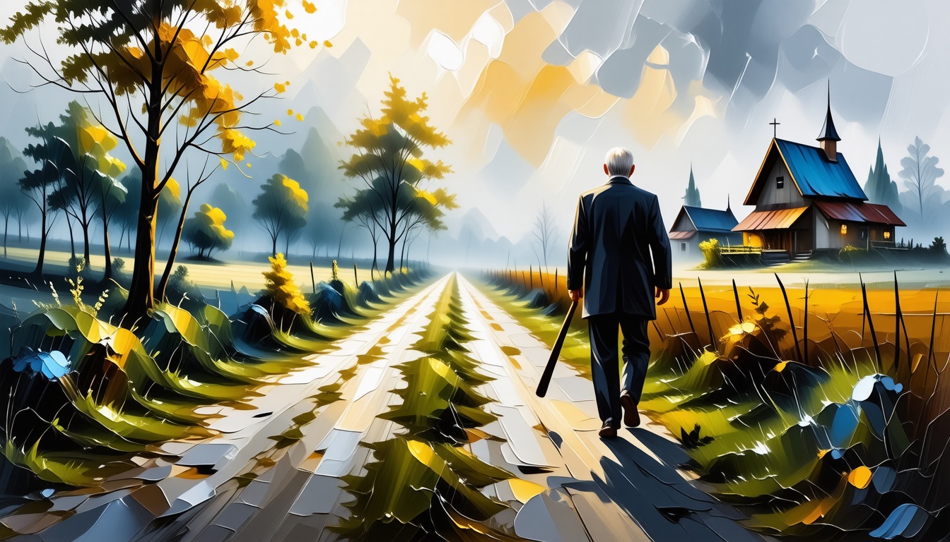 predominantly the environment tint of the painting, Vibrant Oil Painting, brush strokes, impasto painting style: an old man walking on the country road to the small village