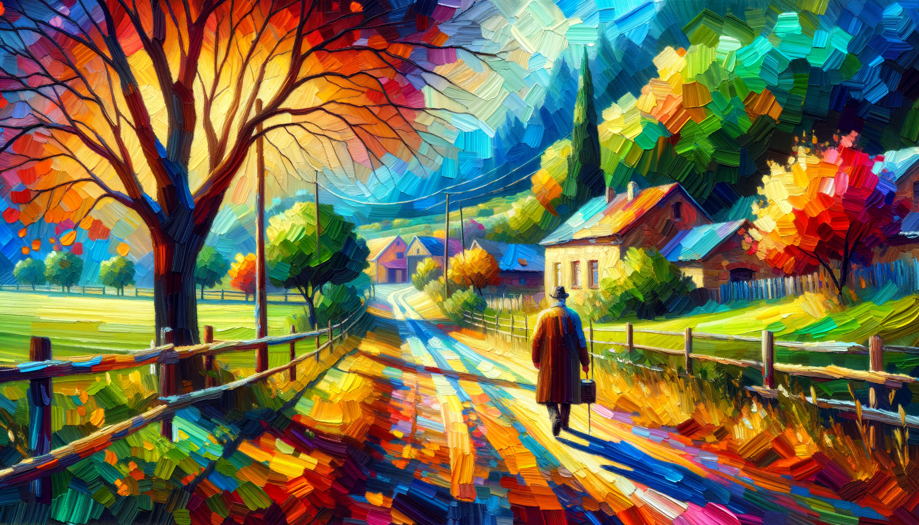 Vibrant Oil Painting, brush strokes, impasto painting style: an old man walking on the country road to the small village