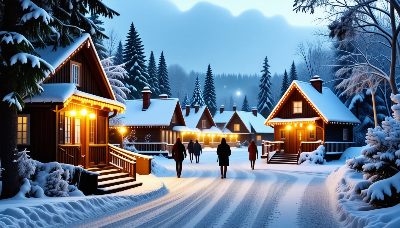 snow-covered village at dusk. The scene features twinkling lights from cozy cottages, people walking, and snow-capped trees.