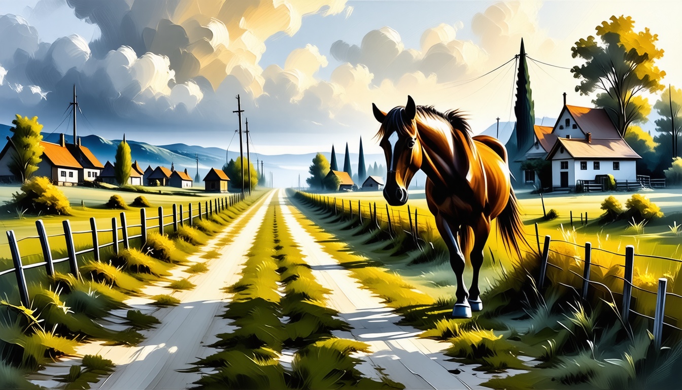 predominantly the environment tint of the painting, Vibrant Oil Painting, brush strokes, impasto painting style: a old mane walking on the country road to the small village