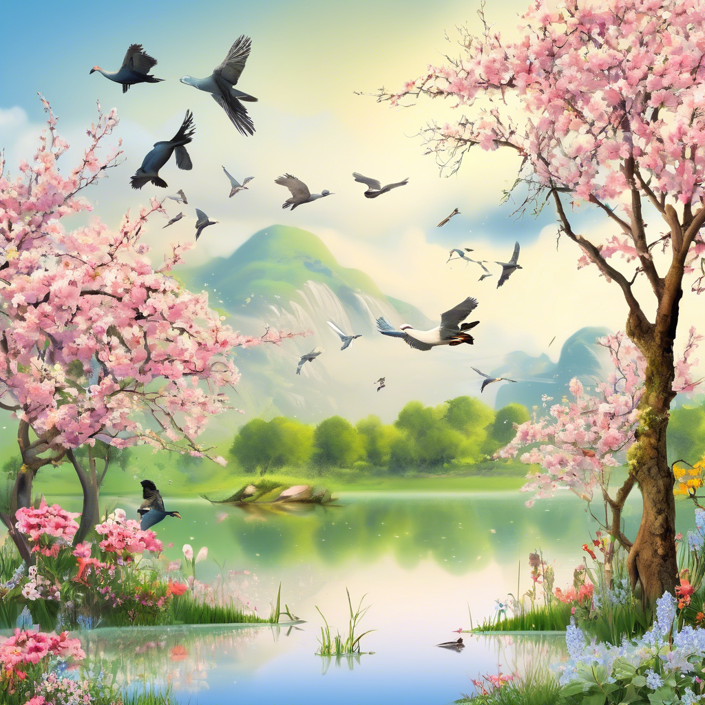 spring landsape, a lac, trees, birds, flowers