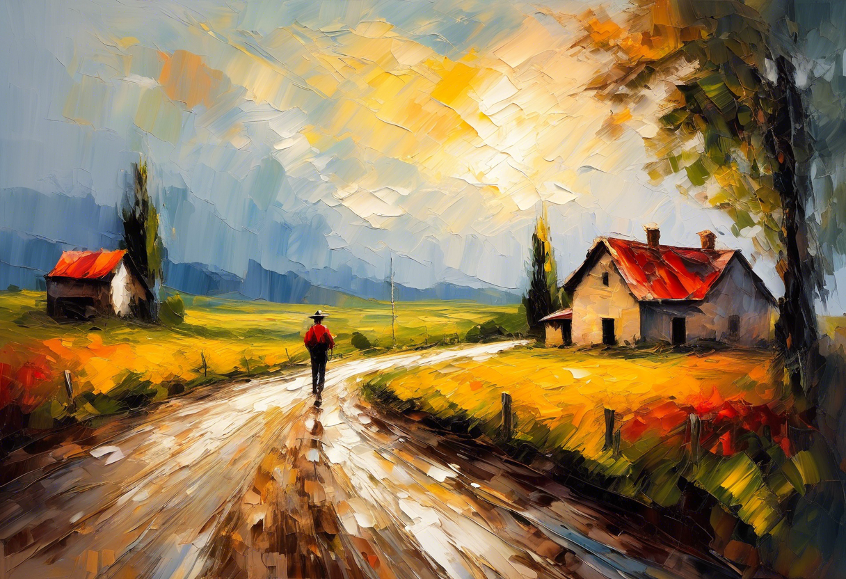 predominantly the environment tint of the painting, Vibrant Oil Painting, brush strokes, impasto painting style: a old mane walking on the country road to the small village