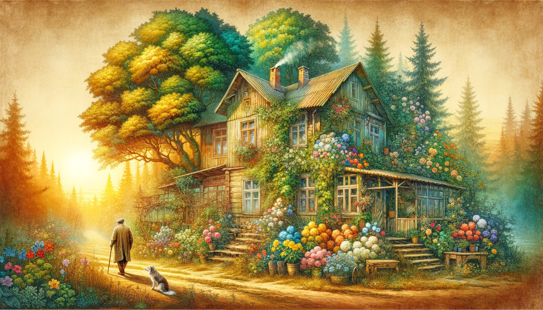 Vibrant style: an old man standing in front an old house, flowers, trees, a dog the small village