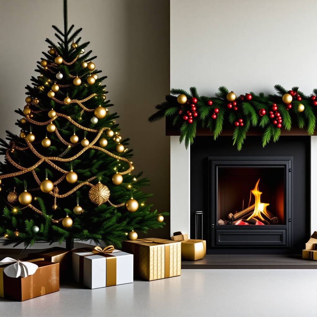 a christmas tree near a fireplave in a living room