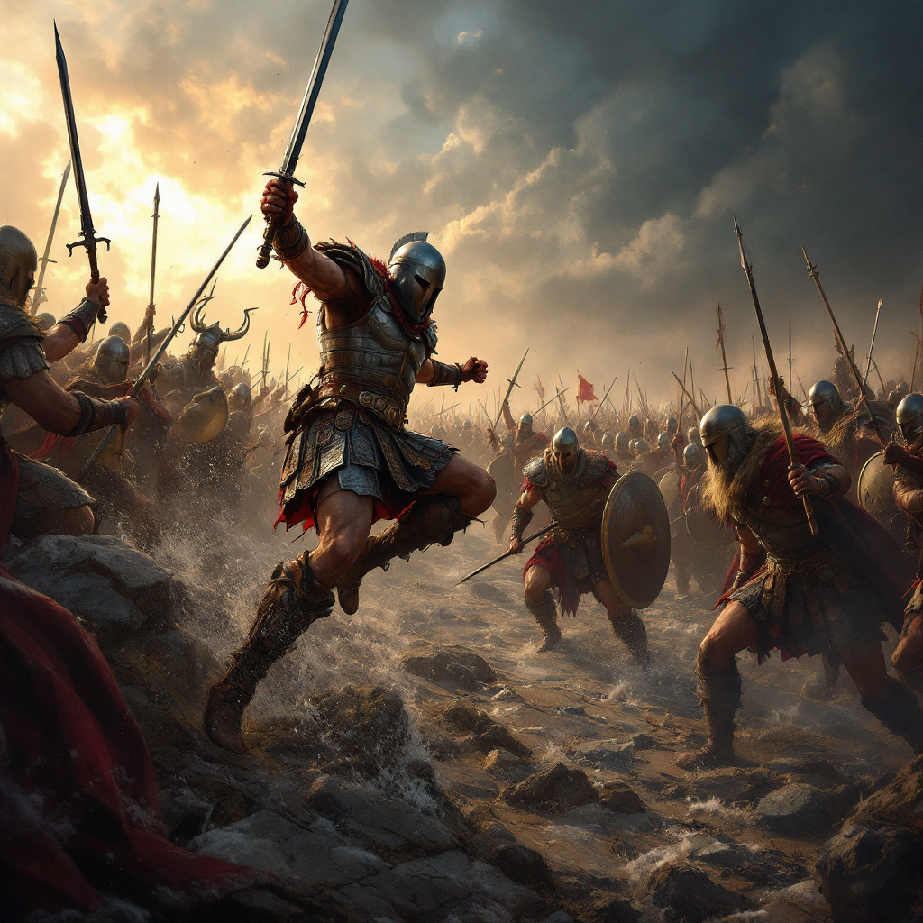 Soldats romains fight in a great battle with vikings