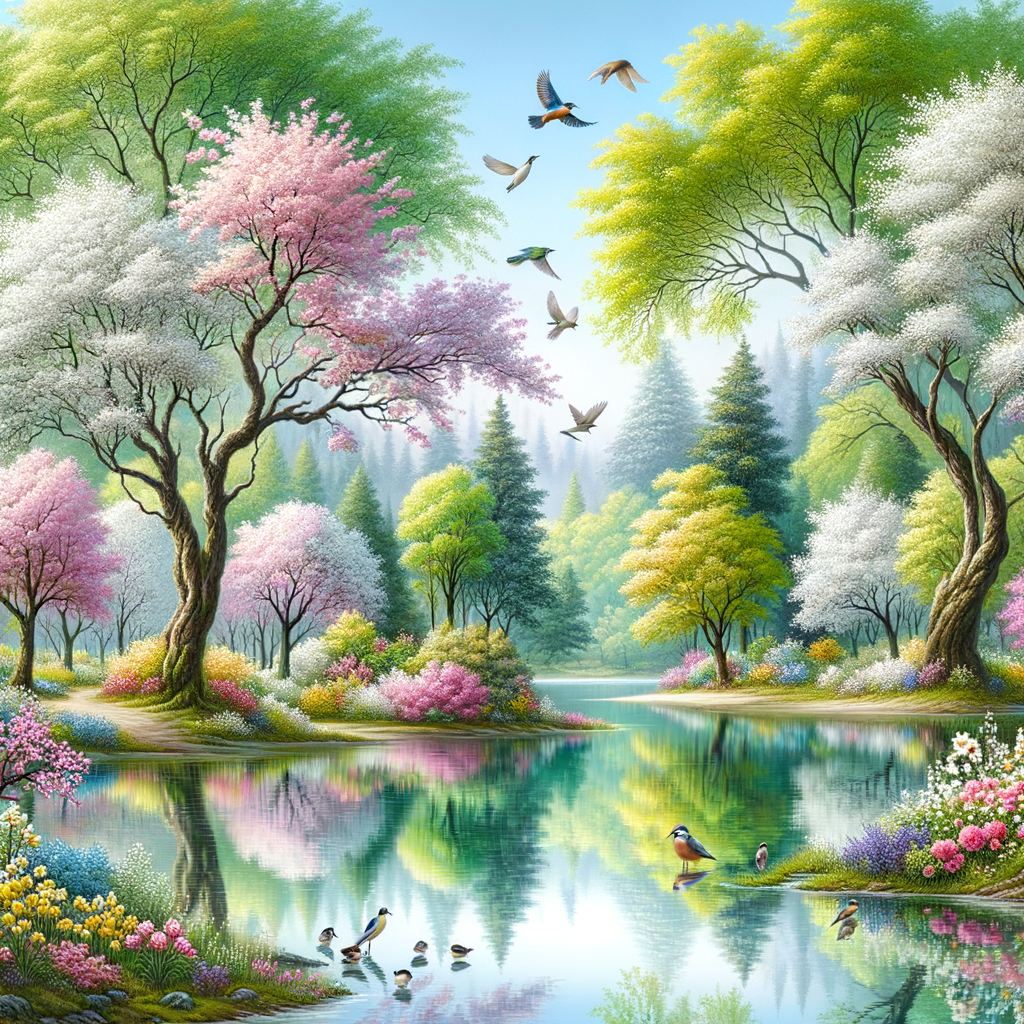 spring landsape, a lac, trees, birds, flowers
