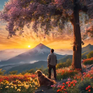the sun rise on the mountain, trees, flowers, a dog, a man