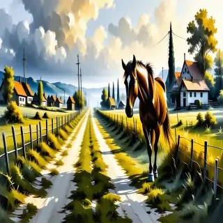predominantly the environment tint of the painting, Vibrant Oil Painting, brush strokes, impasto painting style: a old mane walking on the country road to the small village
