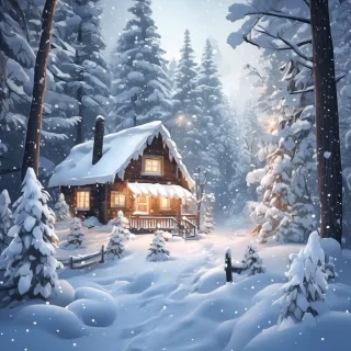 Snow-covered forest. The scene features twinkling lights from cozy cottage, and snow-capped trees.