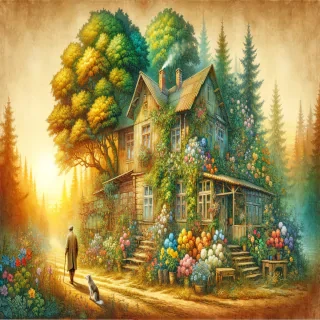 Vibrant style: an old man standing in front an old house, flowers, trees, a dog the small village