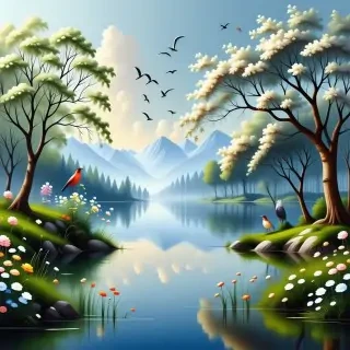 spring landsape, a lac, trees, birds, flowers