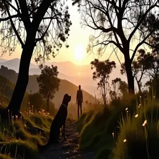the sun rise on the mountain, trees, flowers, a dog, a man