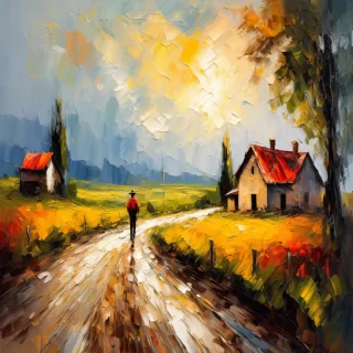 predominantly the environment tint of the painting, Vibrant Oil Painting, brush strokes, impasto painting style: a old mane walking on the country road to the small village