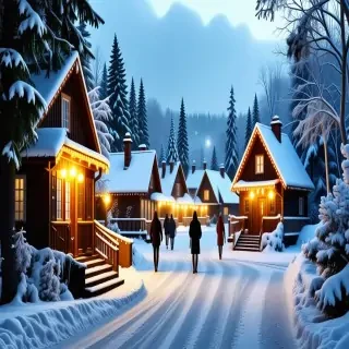 snow-covered village at dusk. The scene features twinkling lights from cozy cottages, people walking, and snow-capped trees.