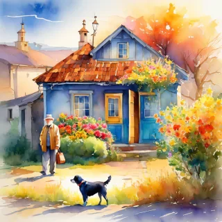 Vibrant style: an old man standing in front an old house, flowers, trees, a dog the small village