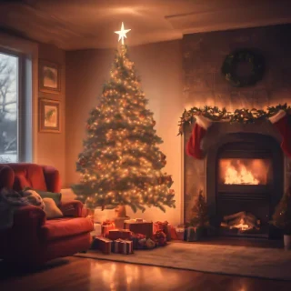 a christmas tree near a fireplave in a living room