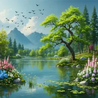 spring landsape, a lac, trees, birds, flowers