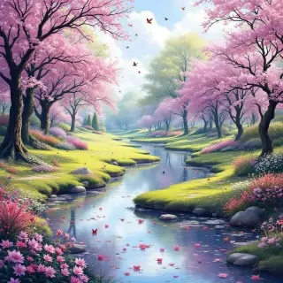 spring landsape, a lac, trees, birds, flowers