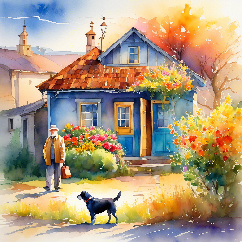 Vibrant style: an old man standing in front an old house, flowers, trees, a dog the small village
