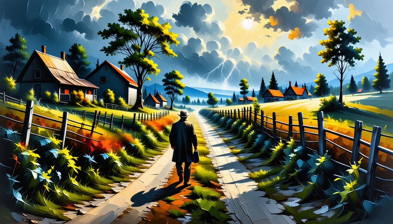 predominantly the environment tint of the painting, Vibrant Oil Painting, brush strokes, impasto painting style: a old mane walking on the country road to the small village